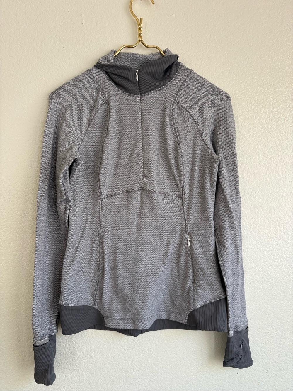 lululemon athletica Gray Striped Half-Zip Pullover with Thumbhole Cuffs sweater